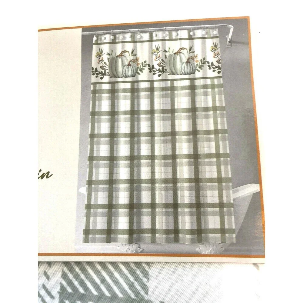 Thanksgiving Pumpkins Plaid Shower Curtain Cloth Fabric Green White 72x72